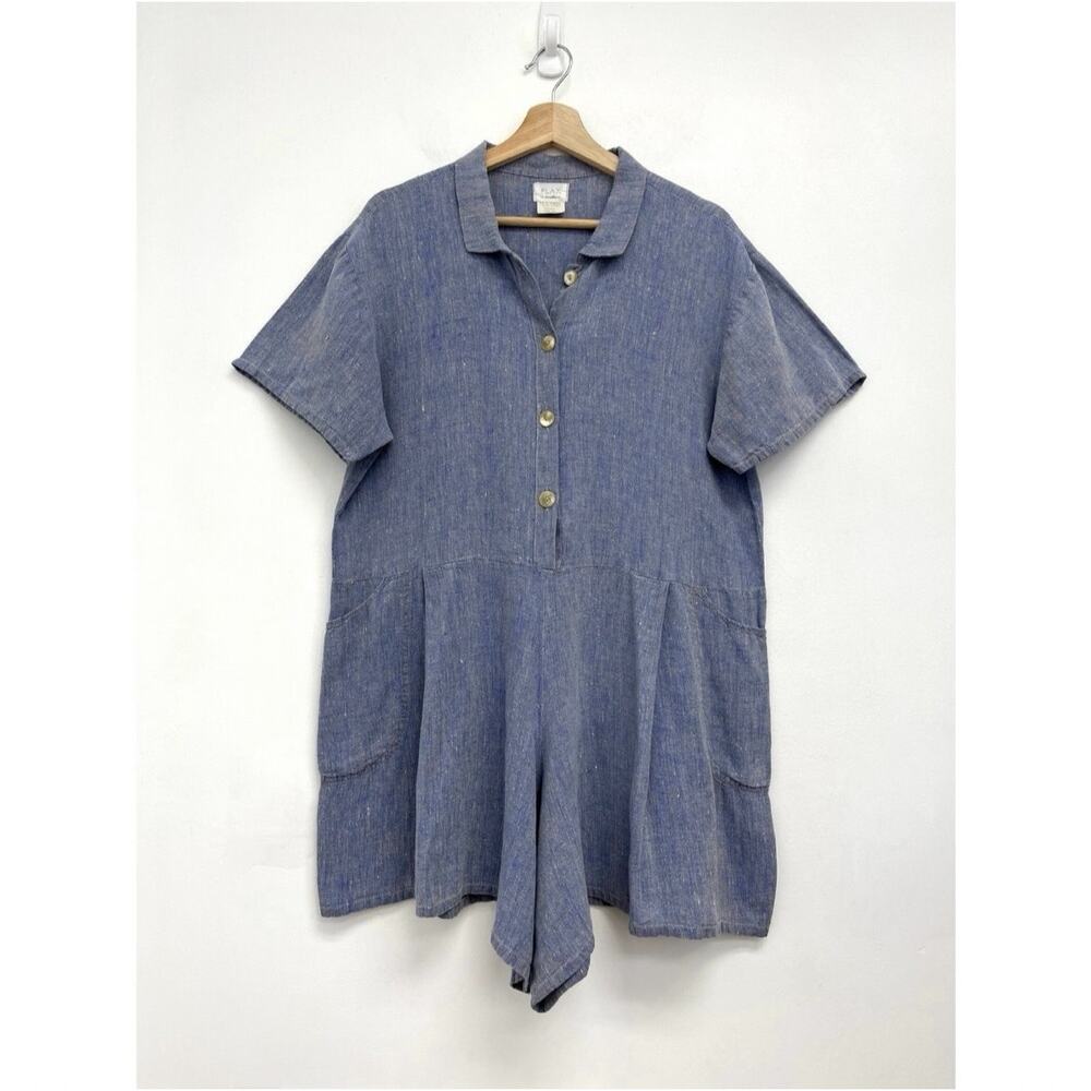 Vintage Flax Linen Romper Button-Front Oversized Coastal Collared Relaxed Small